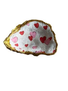 Handcrafted Oyster Shell Trinket Dish Heart Design Gold Trim Coastal